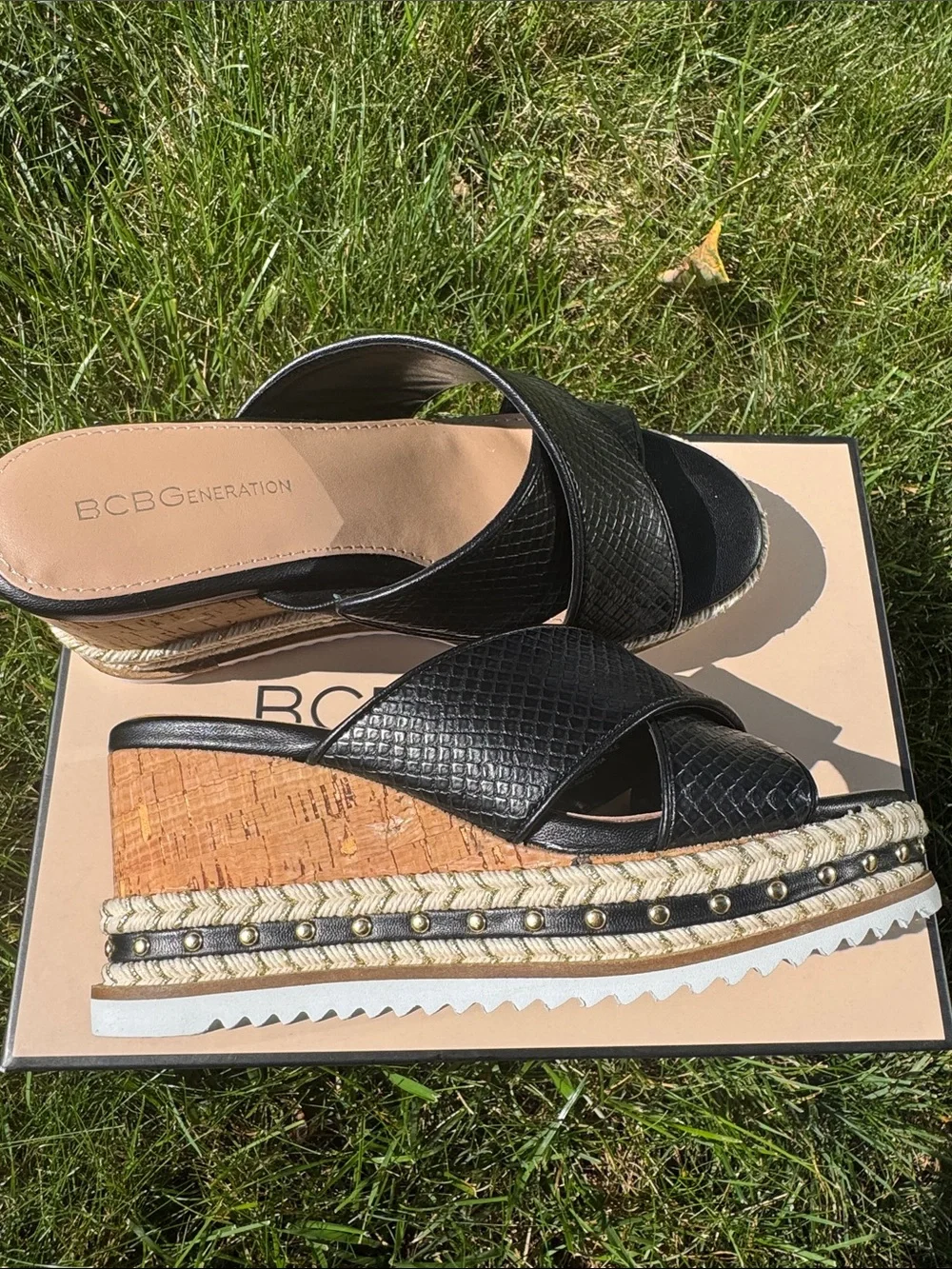 BCBGMaxAzria Black Cork Platform Wedge Slides